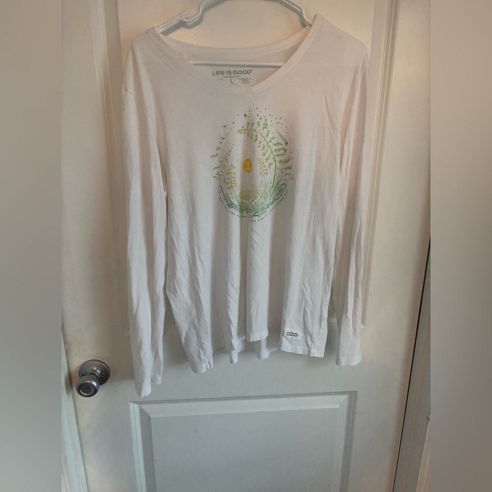 Life Is Good White and Green Long Sleeve Tee